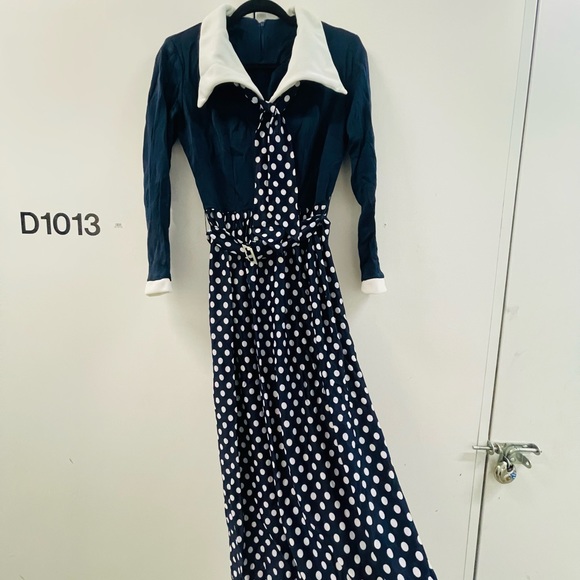 vintage 70s navy polka dot sailor maxi dress - Picture 6 of 6